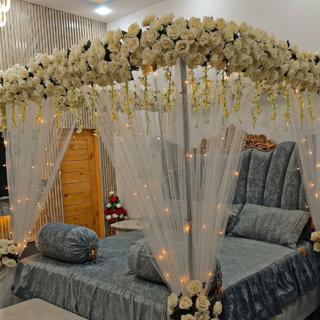 Luxury Artificial White Rose Canopy Bridal Bed Decoration (Artificial Masheri Decor)