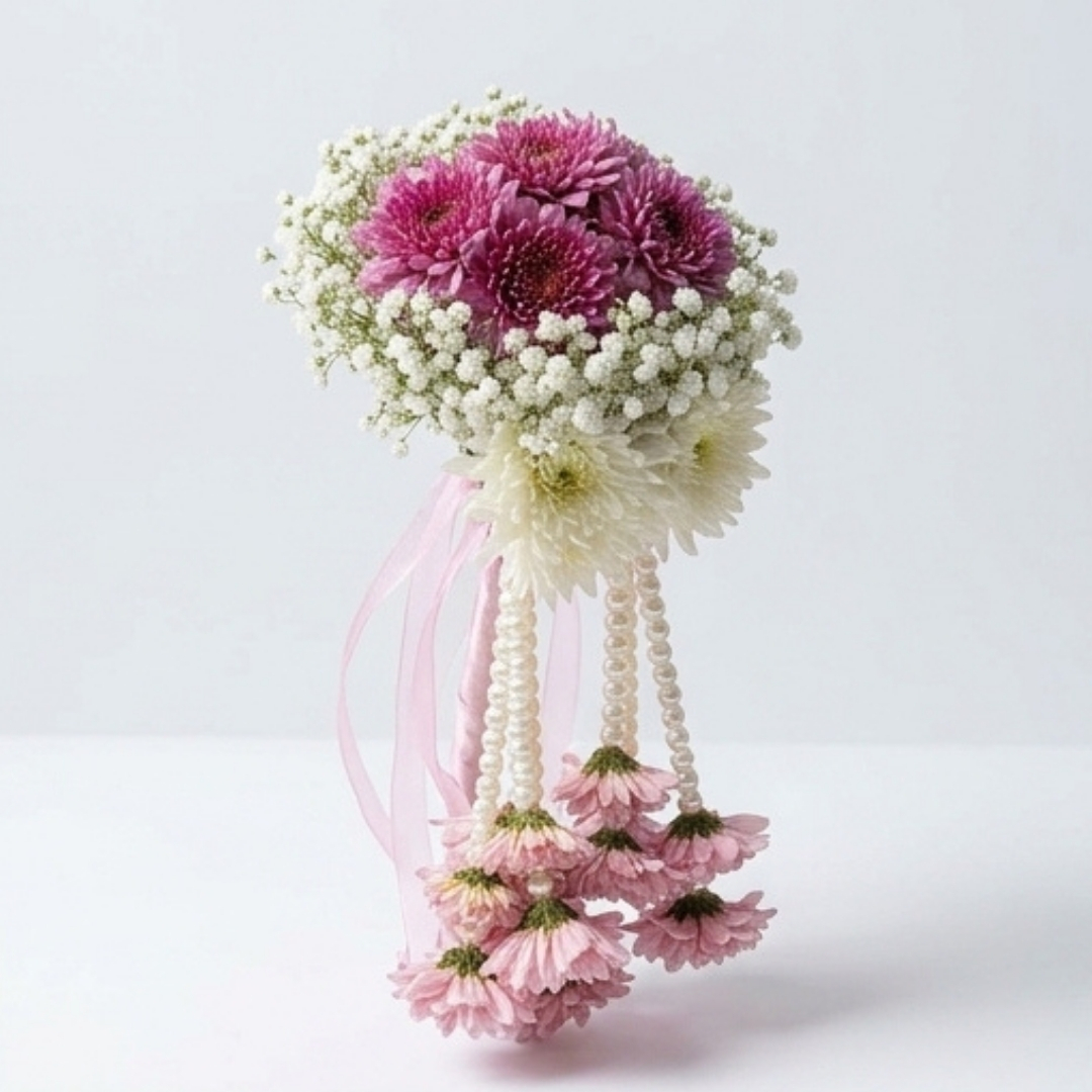 : Royal Magenta & Pearl Cascading Floral Gajra detail 3