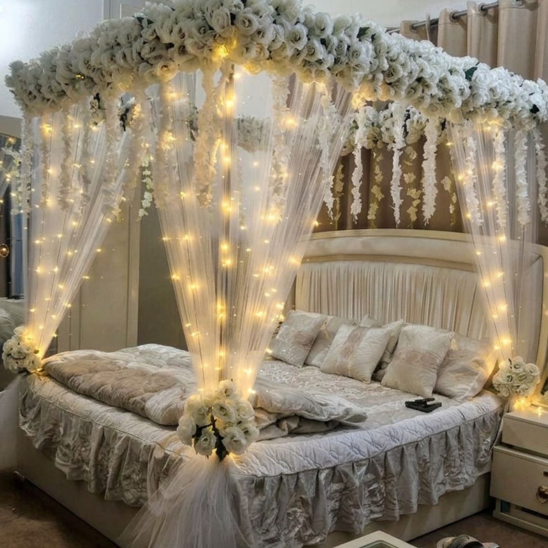 Elegant Artificial Masehri Wedding Bed Decoration with Floral Canopy & Fairy Lights