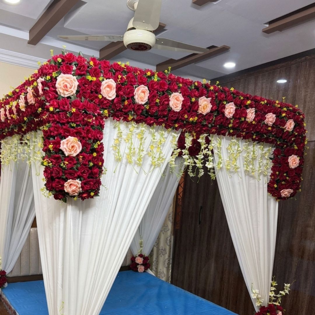Premium Artificial Red & Peach Rose Masehri Wedding Bed Decoration with Draped Canopy
