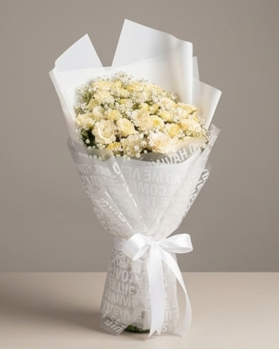 White Rose and Baby's Breath Floral Bouquet with Custom Printed Wrapper detail 2