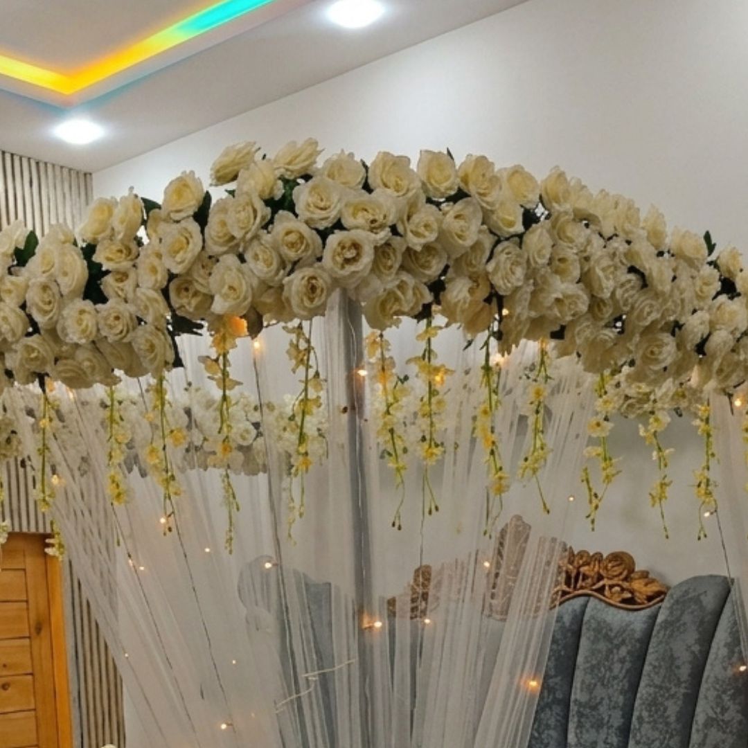 Luxury Artificial White Rose Canopy Bridal Bed Decoration (Artificial Masheri Decor)