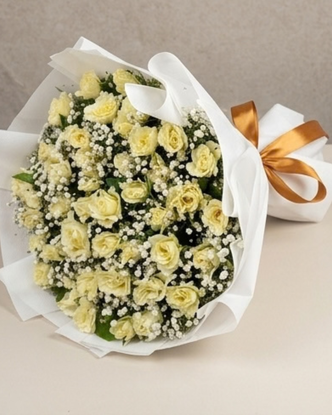 Large White Rose and Baby's Breath Floral Bouquet with Brown Ribbon detail 3