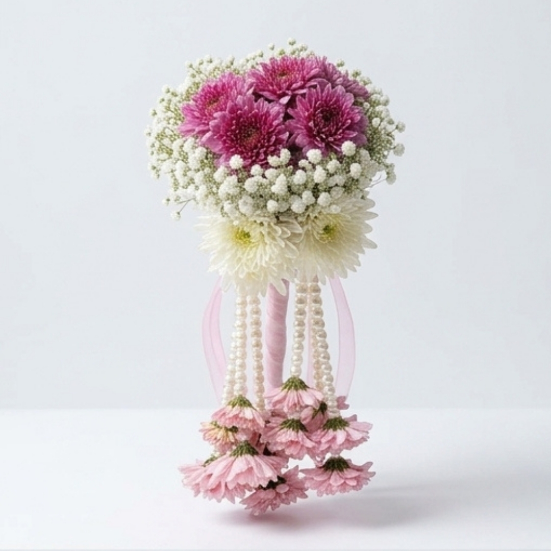 : Royal Magenta & Pearl Cascading Floral Gajra detail 2