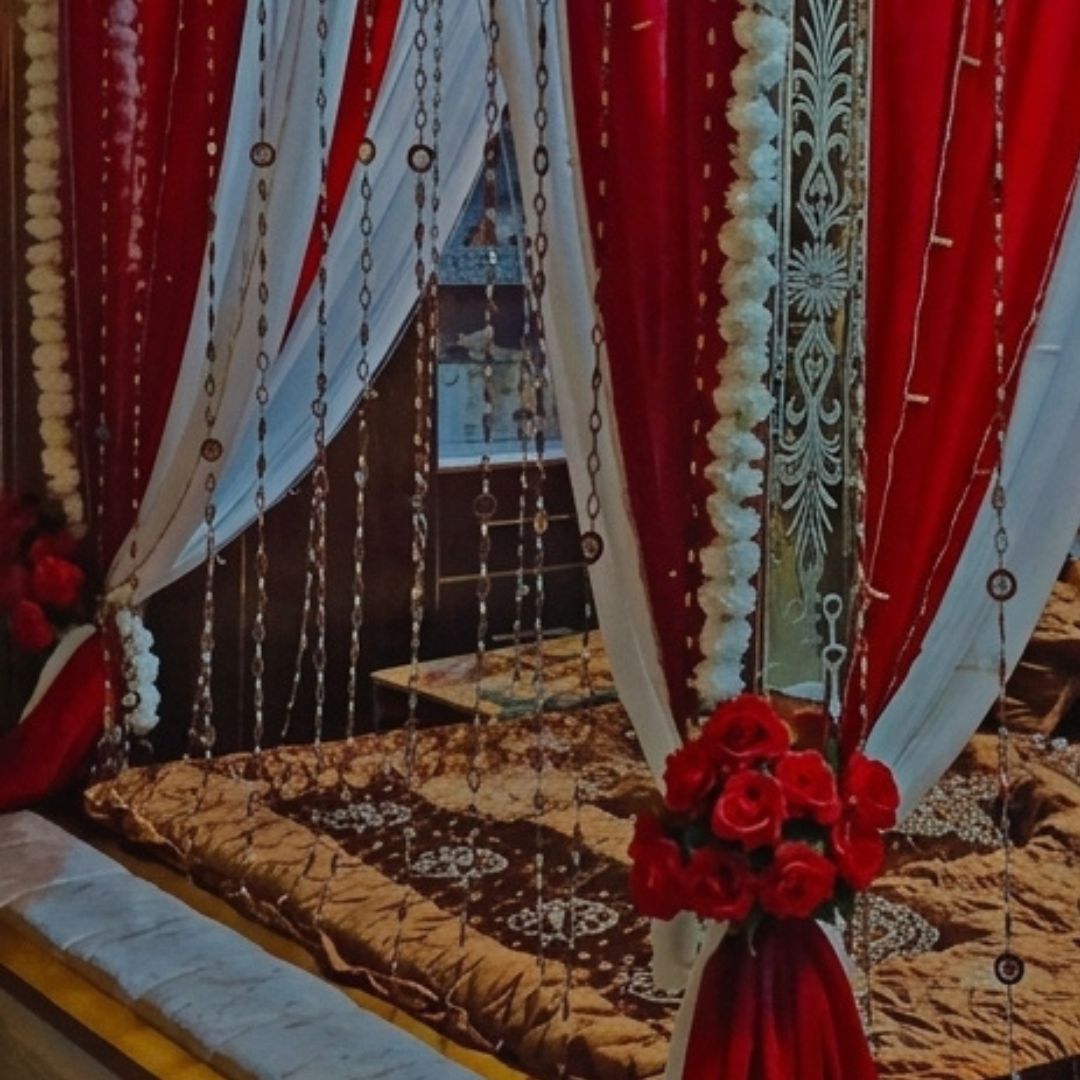 Premium Artificial Red Rose Masehri Wedding Bed Decoration with Draped Canopy