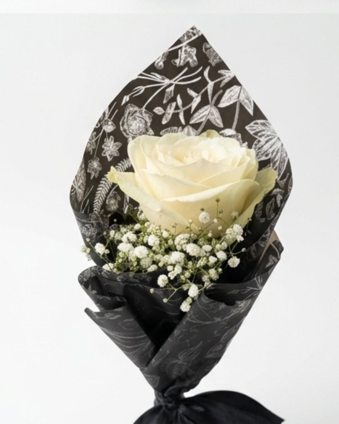 Monochrome Ivory Single White Rose Luxury Mini Bouquet detail 3