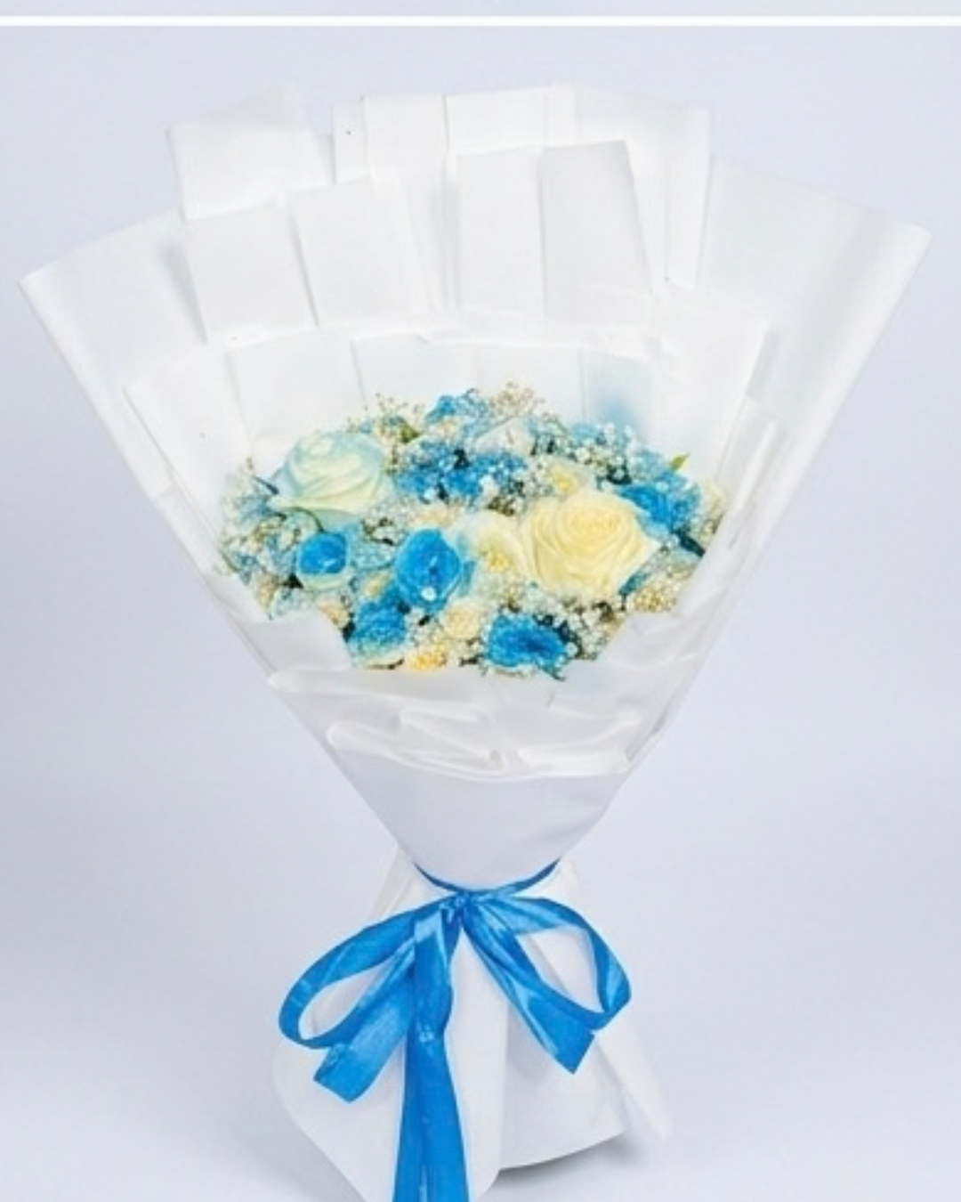 Blue and White Floral Bouquet with White Wrapping detail 3