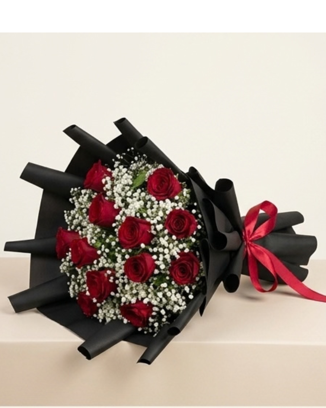 Red Rose and Baby's Breath Floral Bouquet with Black Wrapping and Red Ribbon detail 3