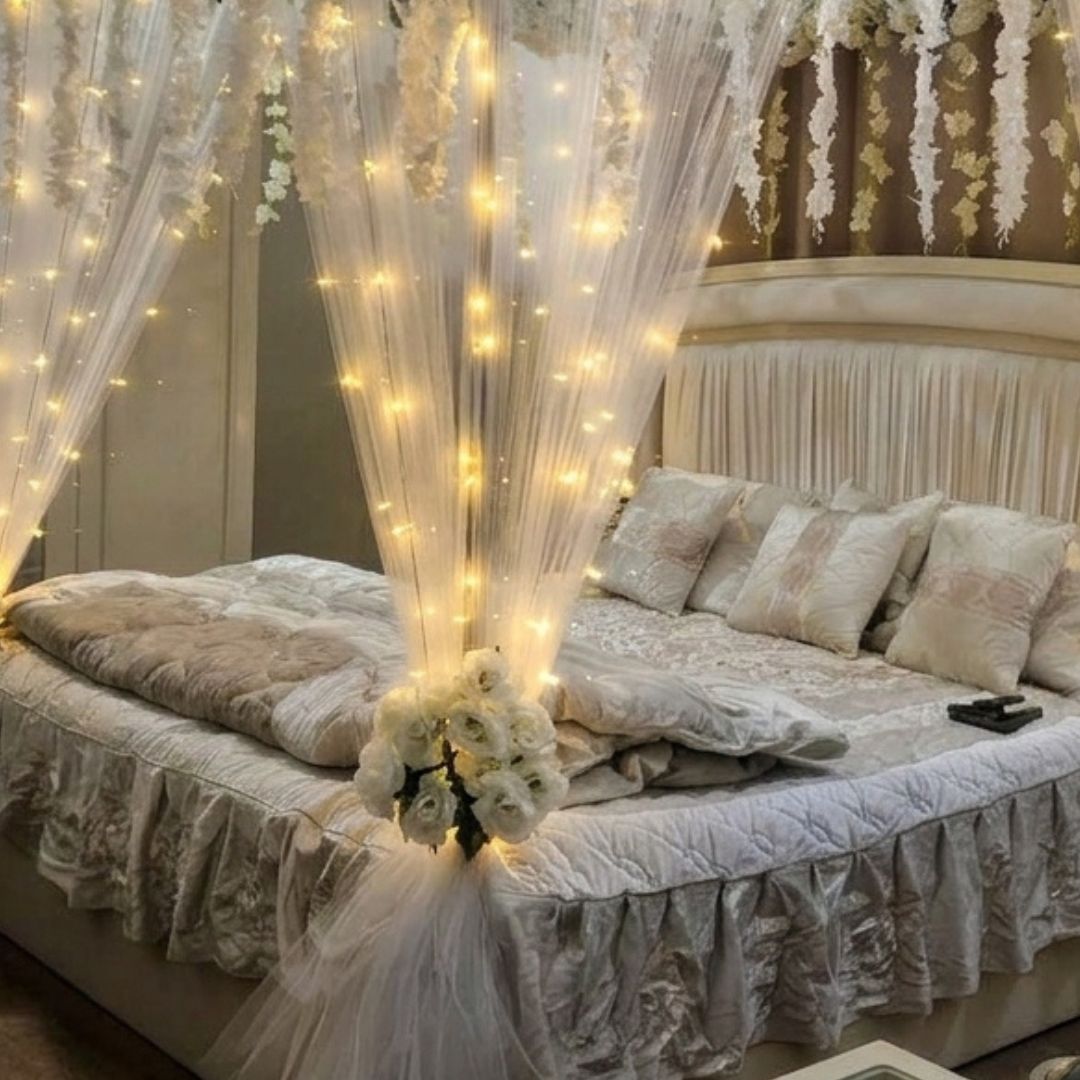 Elegant Artificial Masehri Wedding Bed Decoration with Floral Canopy & Fairy Lights