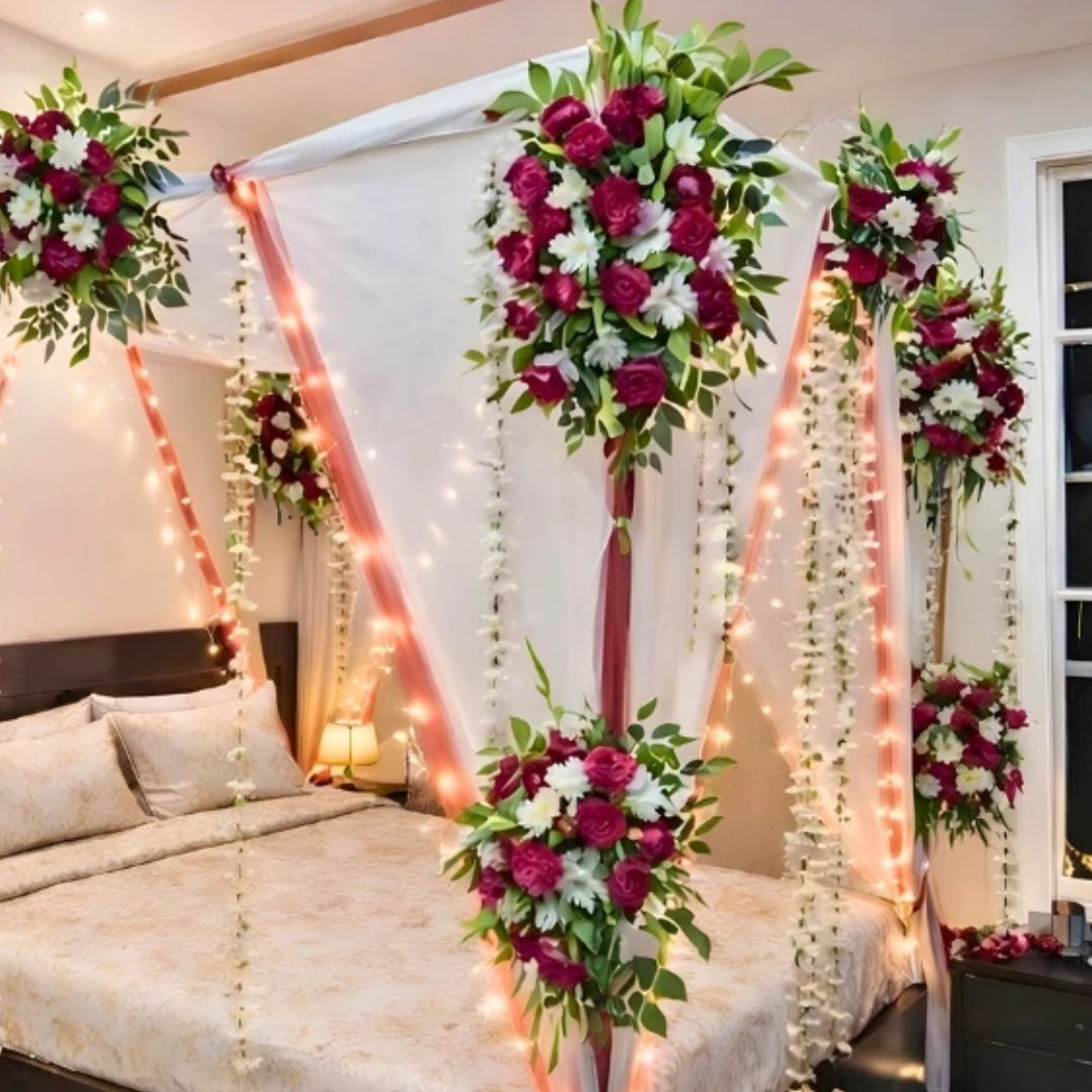 Luxury Fresh & Artificial Flower Masehri Canopy Bridal Bed Decor