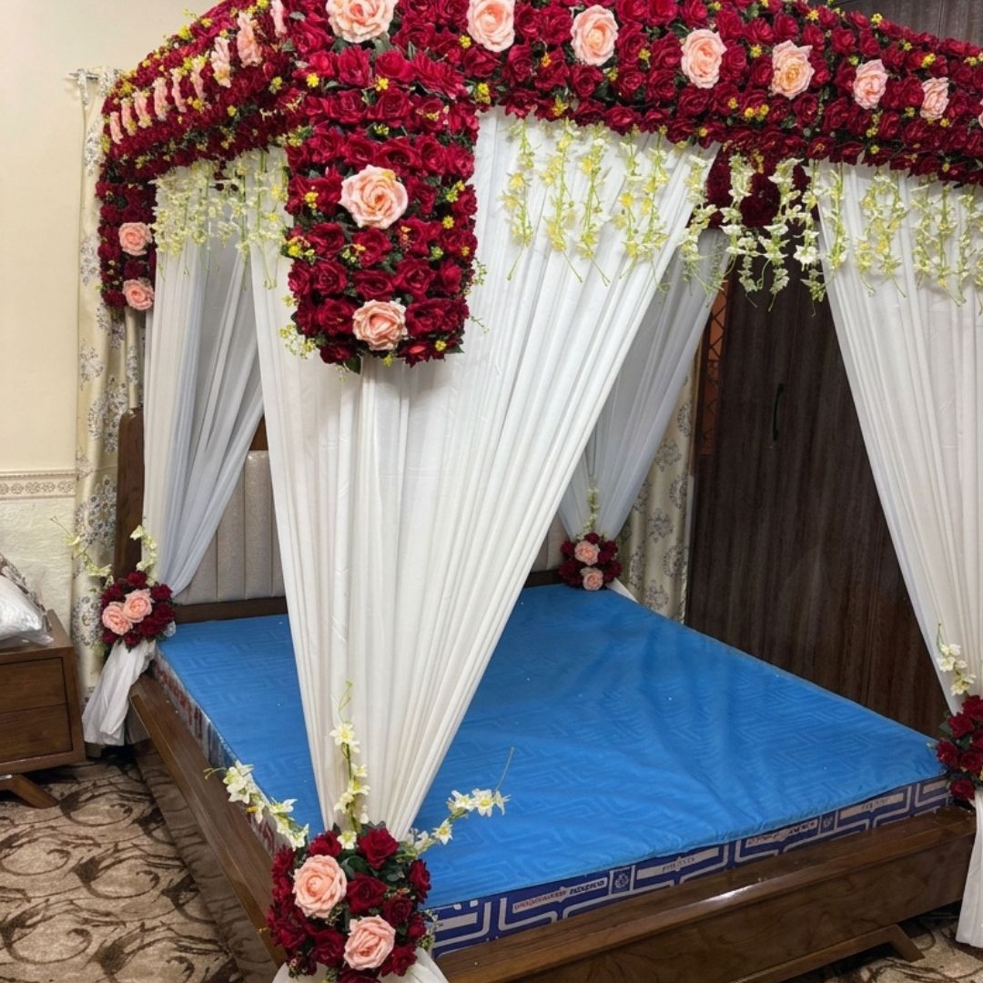 Premium Artificial Red & Peach Rose Masehri Wedding Bed Decoration with Draped Canopy