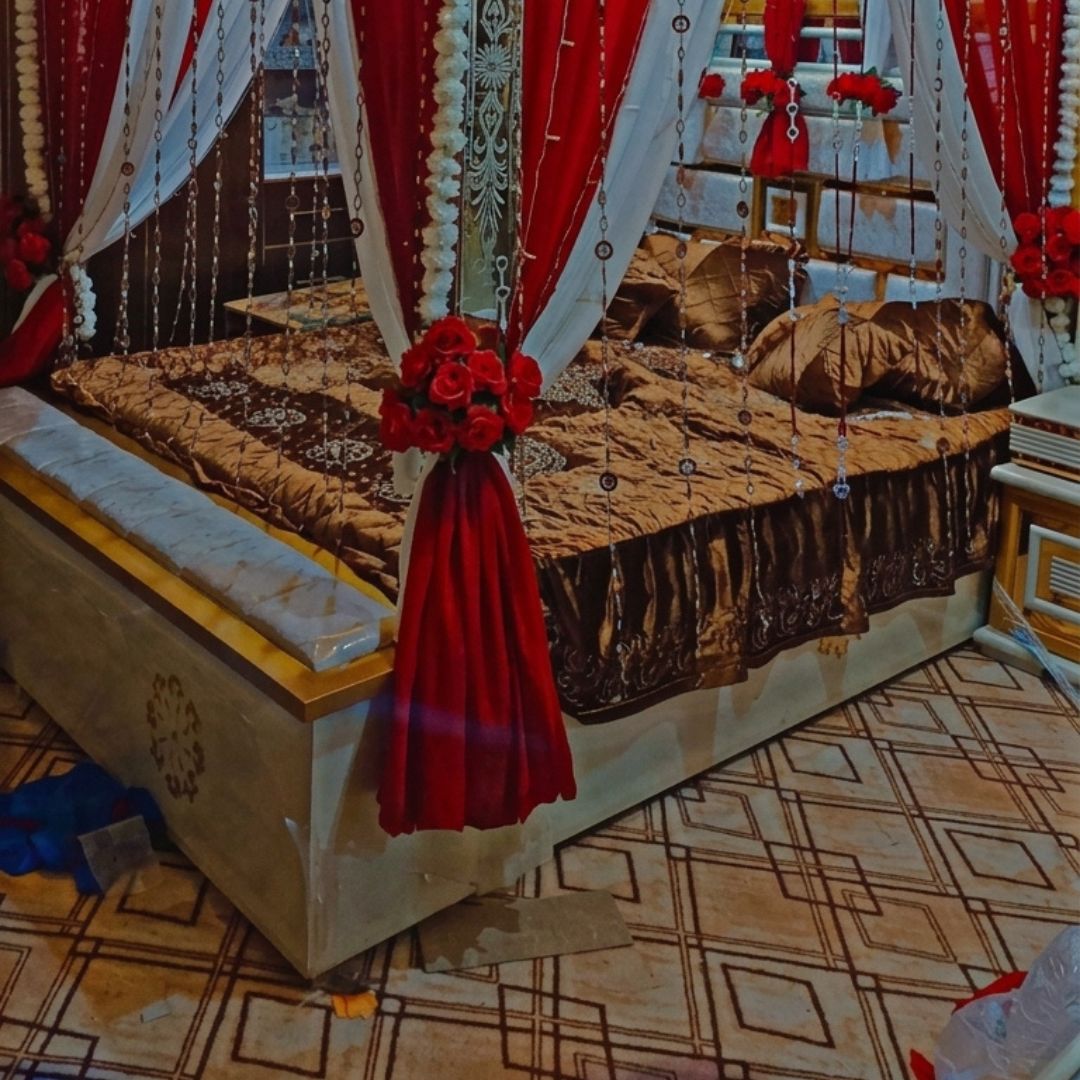 Premium Artificial Red Rose Masehri Wedding Bed Decoration with Draped Canopy
