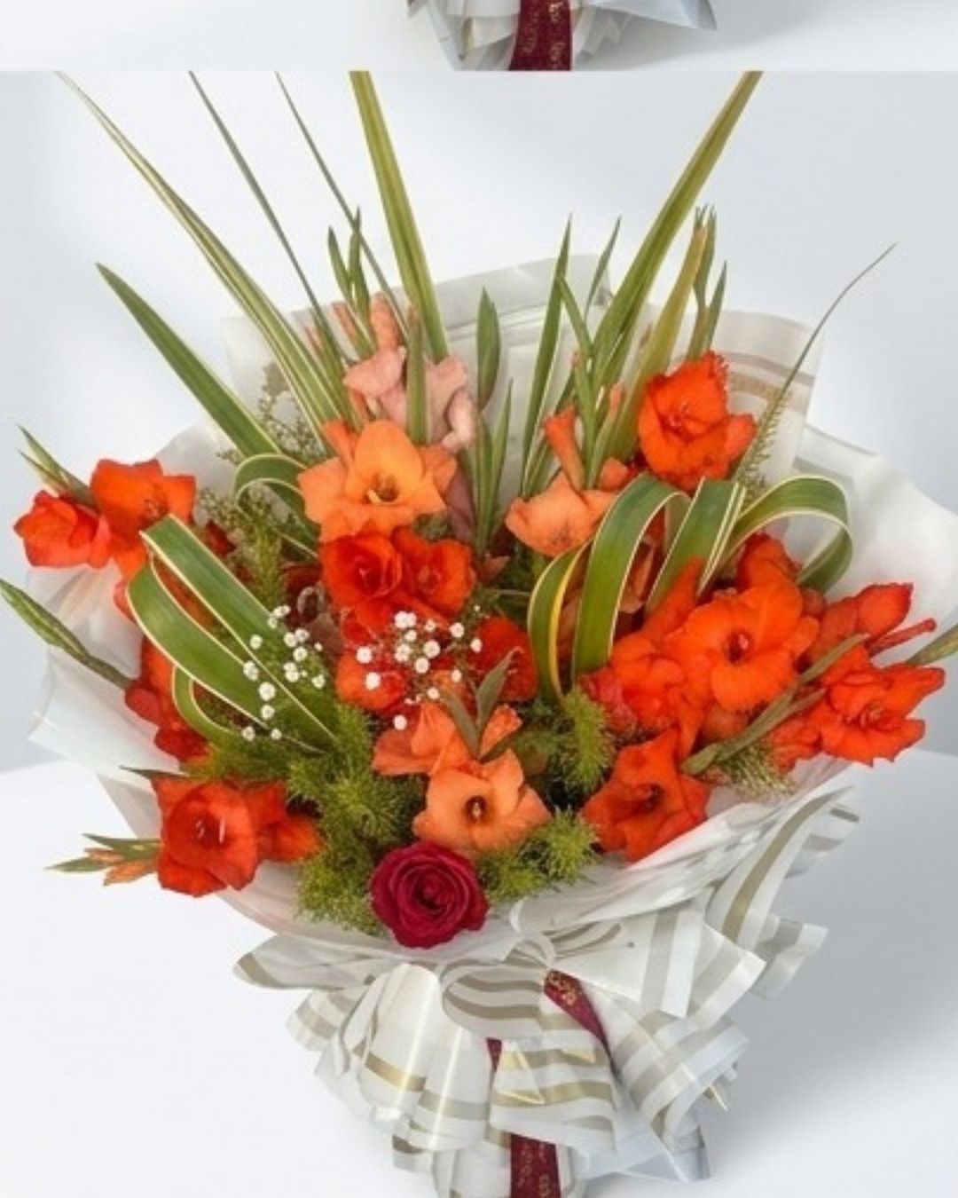 Fiery Orange Gladiolus & Foliage Luxury Bouquet detail 3