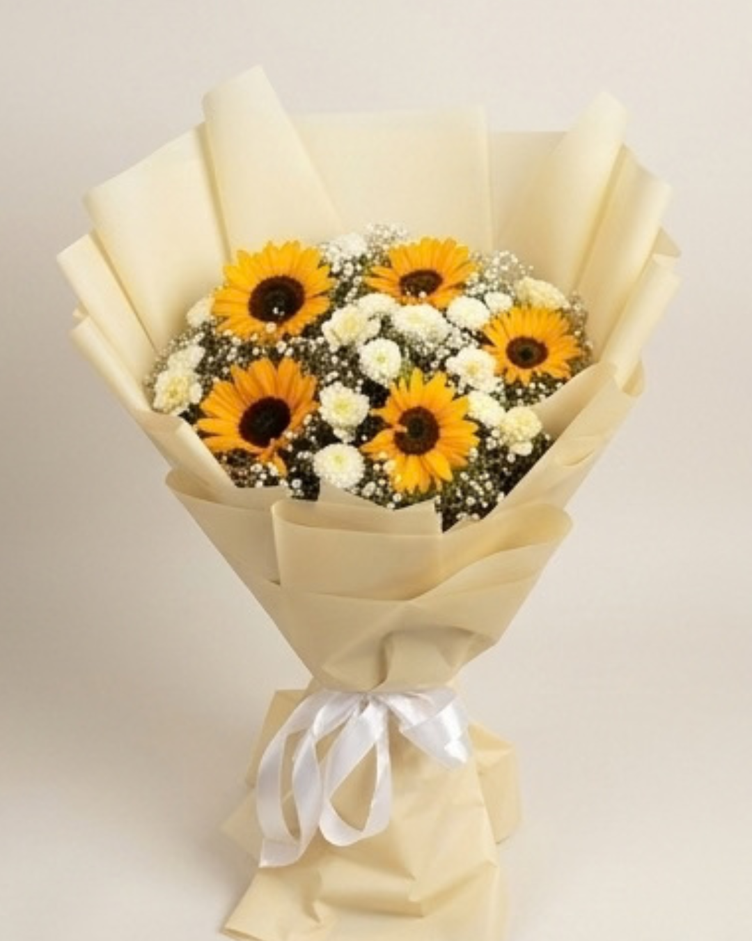 Sunflower, White Chrysanthemum, and Baby's Breath Floral Bouquet with Beige Wrapping detail 2