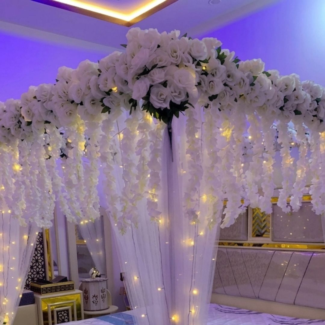 Luxury Artificial Floral Masehri & Bridal Room Setup | White Roses & Fairy Lights