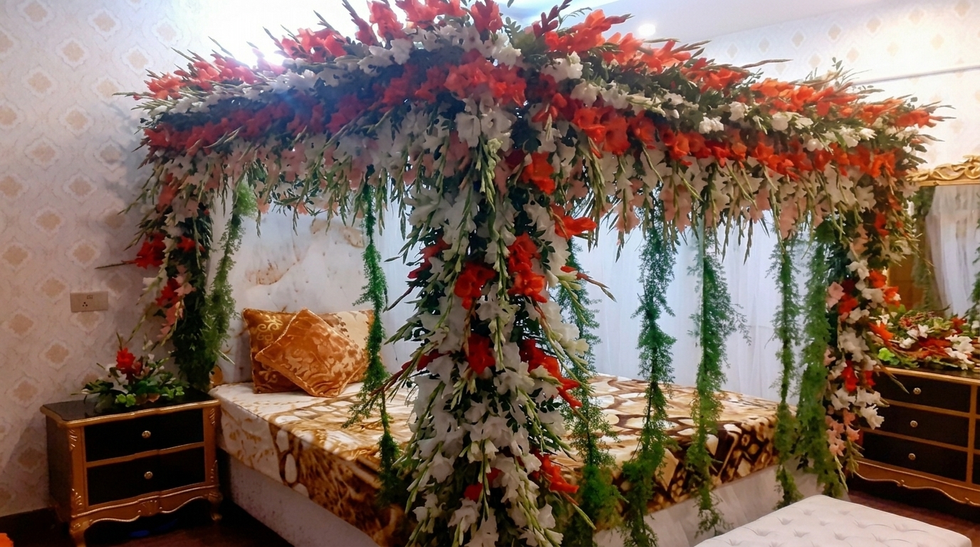 Majestic Red, Orange & White Floral Canopy Bed Bridal Room Decor — Bridal Room by Aligoraya Flowers Market