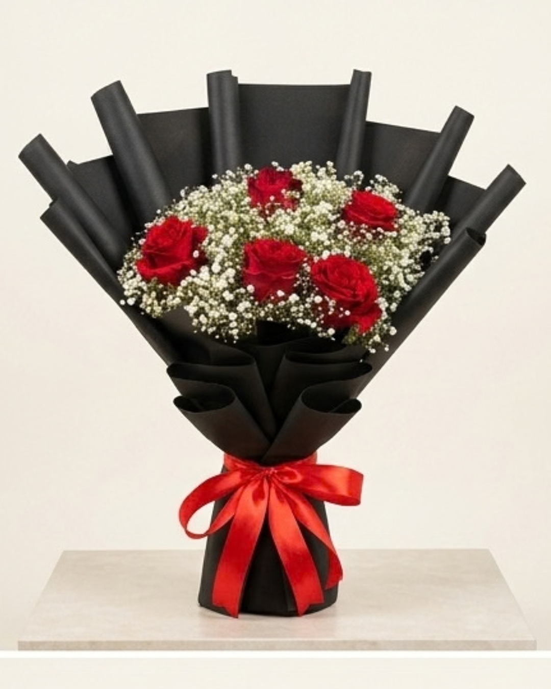 Compact Red Rose and Baby's Breath Floral Bouquet with Black Wrapping and Red Ribbon — Fresh Flowers by Aligoraya Flowers Market, Lahore