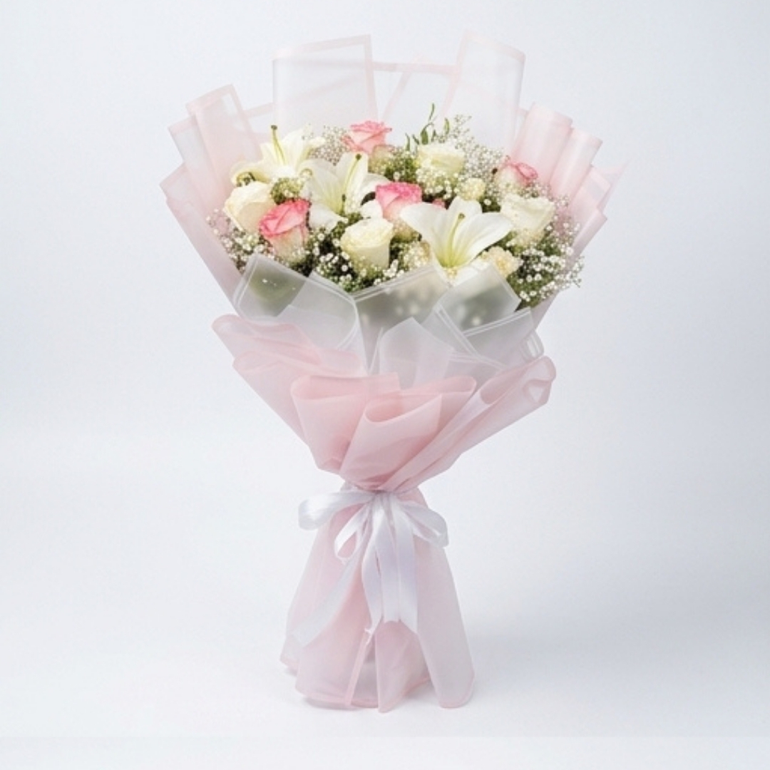 Serenade Pink & White Rose & Lily Bouquet detail 4