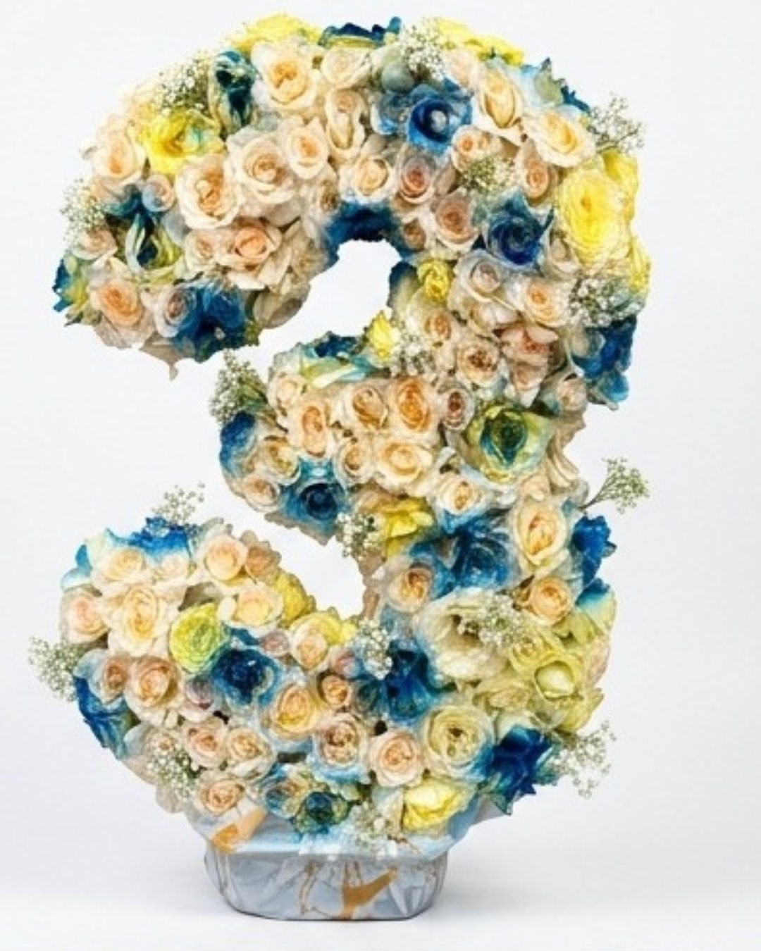Custom Floral Number Arrangement (Number 3) with Blue & White Roses detail 2