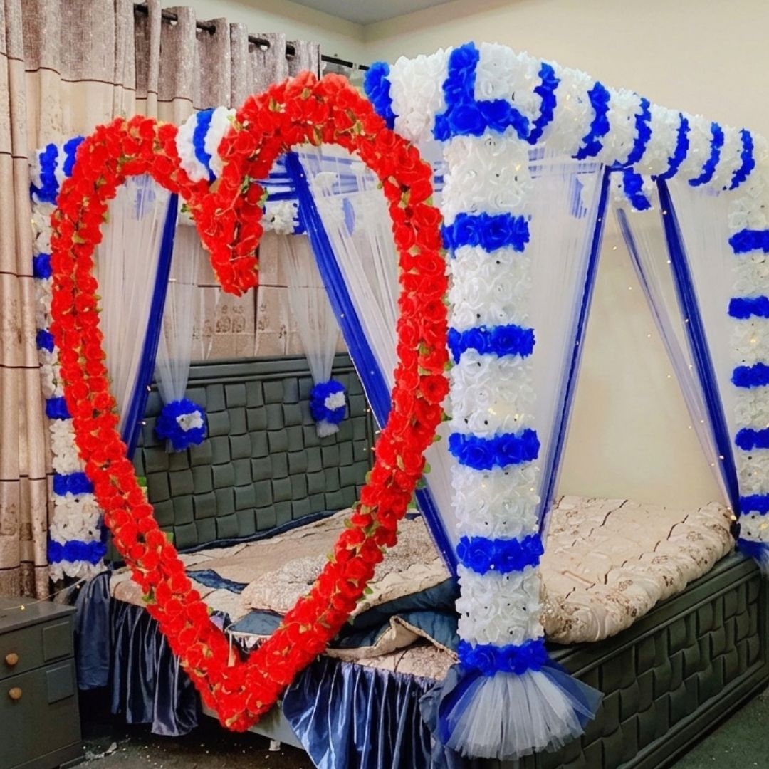 Royal Red, White & Blue Artificial Flower Canopy Masheri Bed Setup for Wedding & Bridal Room
