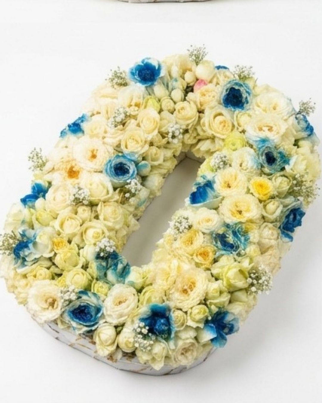 Custom Floral Number Arrangement (Number 0) with Blue & White Roses detail 3