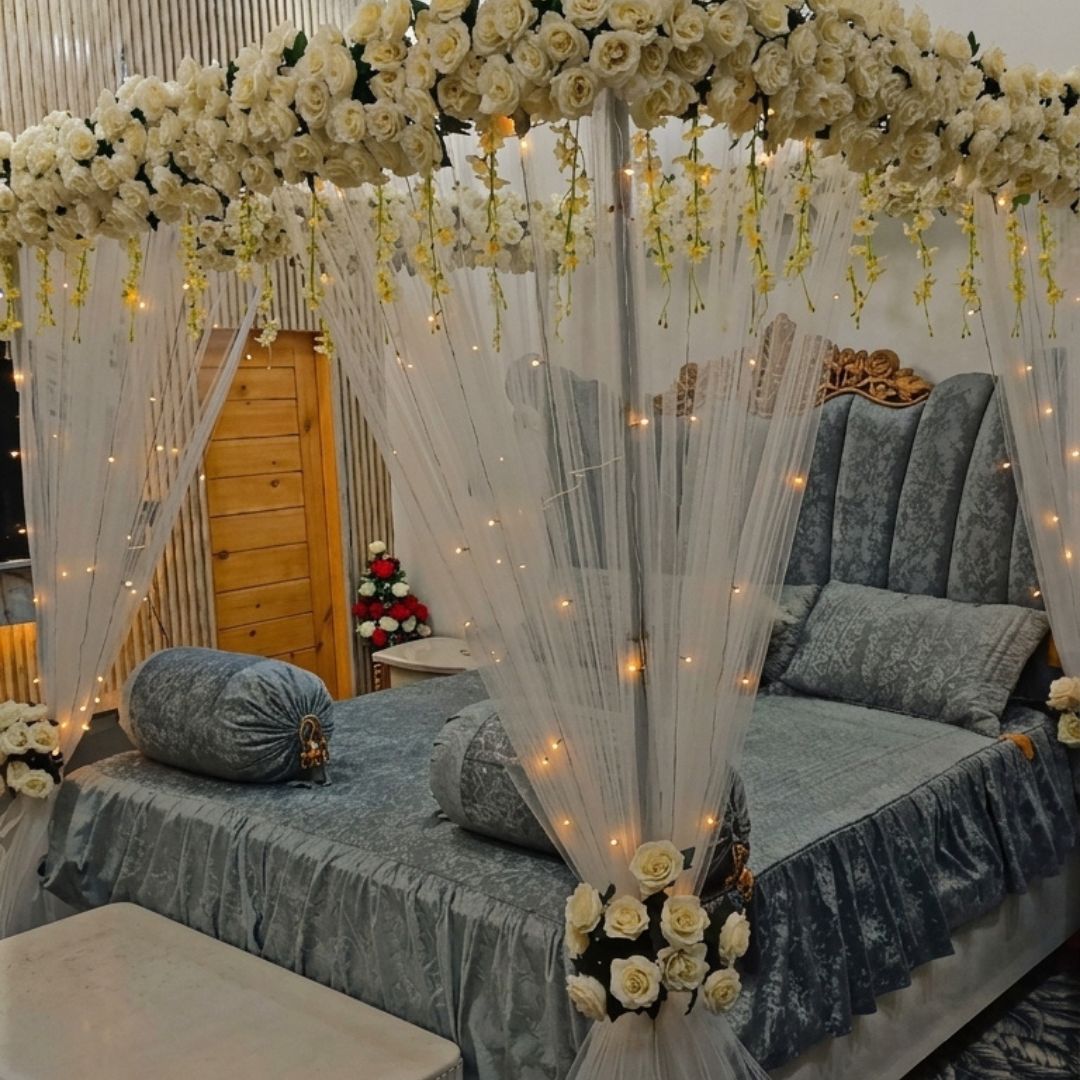 Luxury Artificial White Rose Canopy Bridal Bed Decoration (Artificial Masheri Decor)