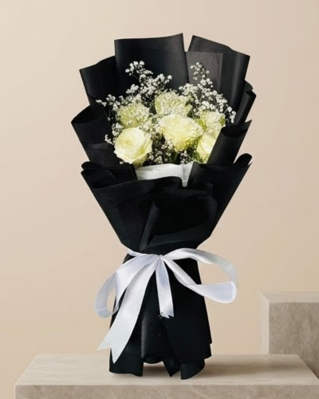 Midnight Ivory White Rose & Baby's Breath Luxury Bouquet — Fresh Flowers by Aligoraya Flowers Market, Lahore