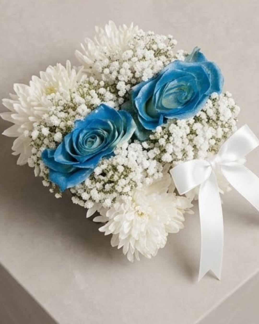 Sapphire Serenade Blue Rose & Baby's Breath Wrist Corsage Set detail 3