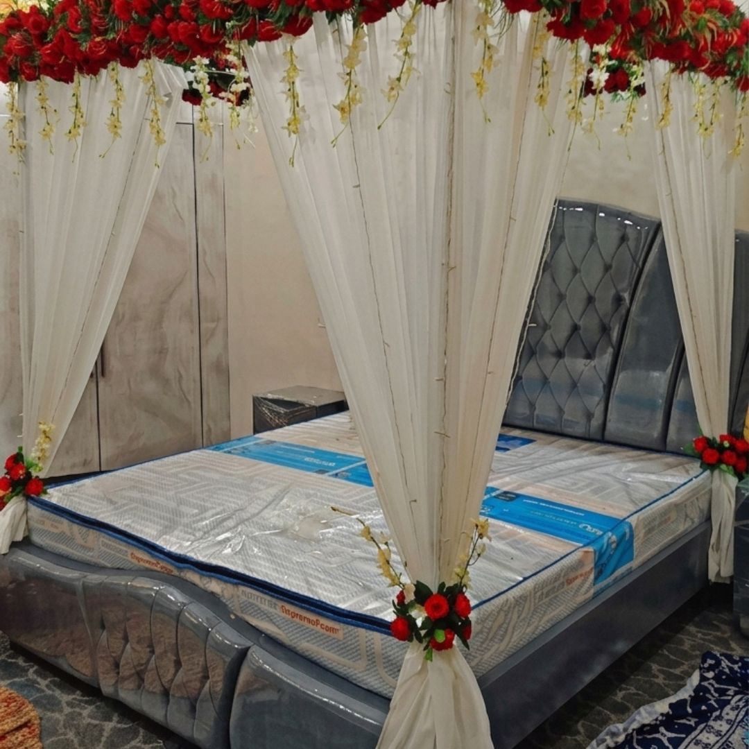 Premium Artificial Red Rose Masehri Wedding Bed Decoration with Elegant Draped Canopy