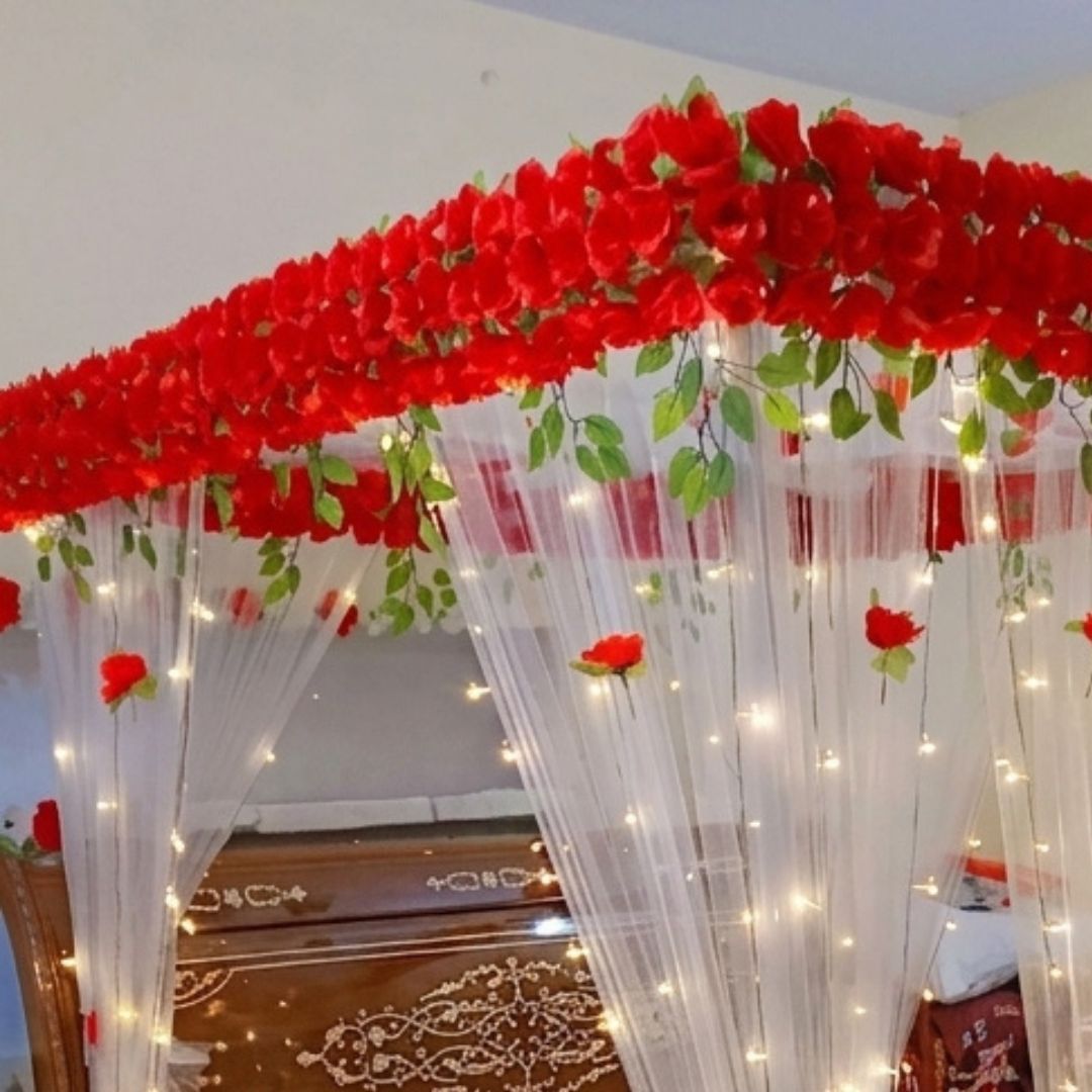 Elegant Red Rose Artificial Flower Canopy Masheri Bed Setup for Bridal Room & Wedding Decor