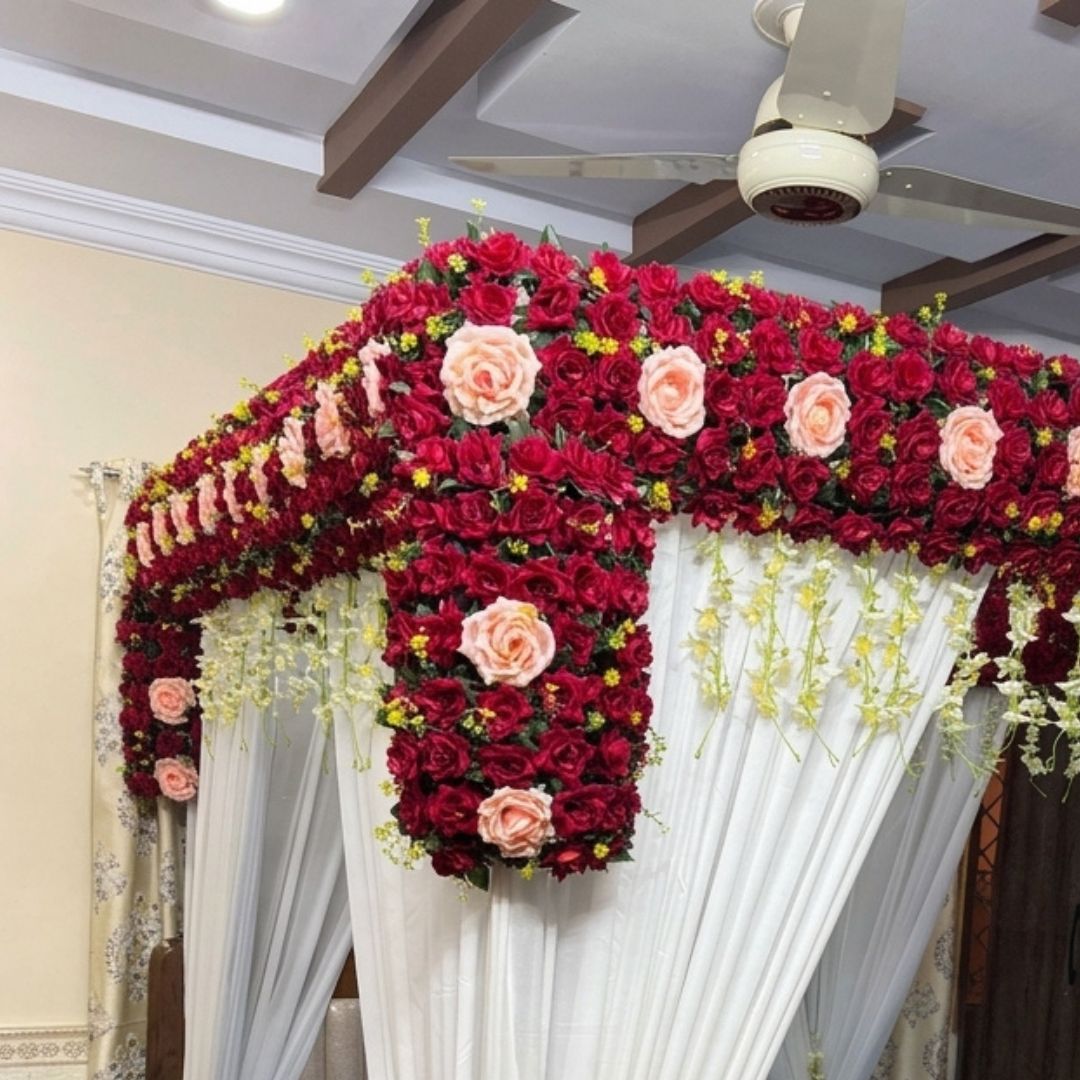 Premium Artificial Red & Peach Rose Masehri Wedding Bed Decoration with Draped Canopy