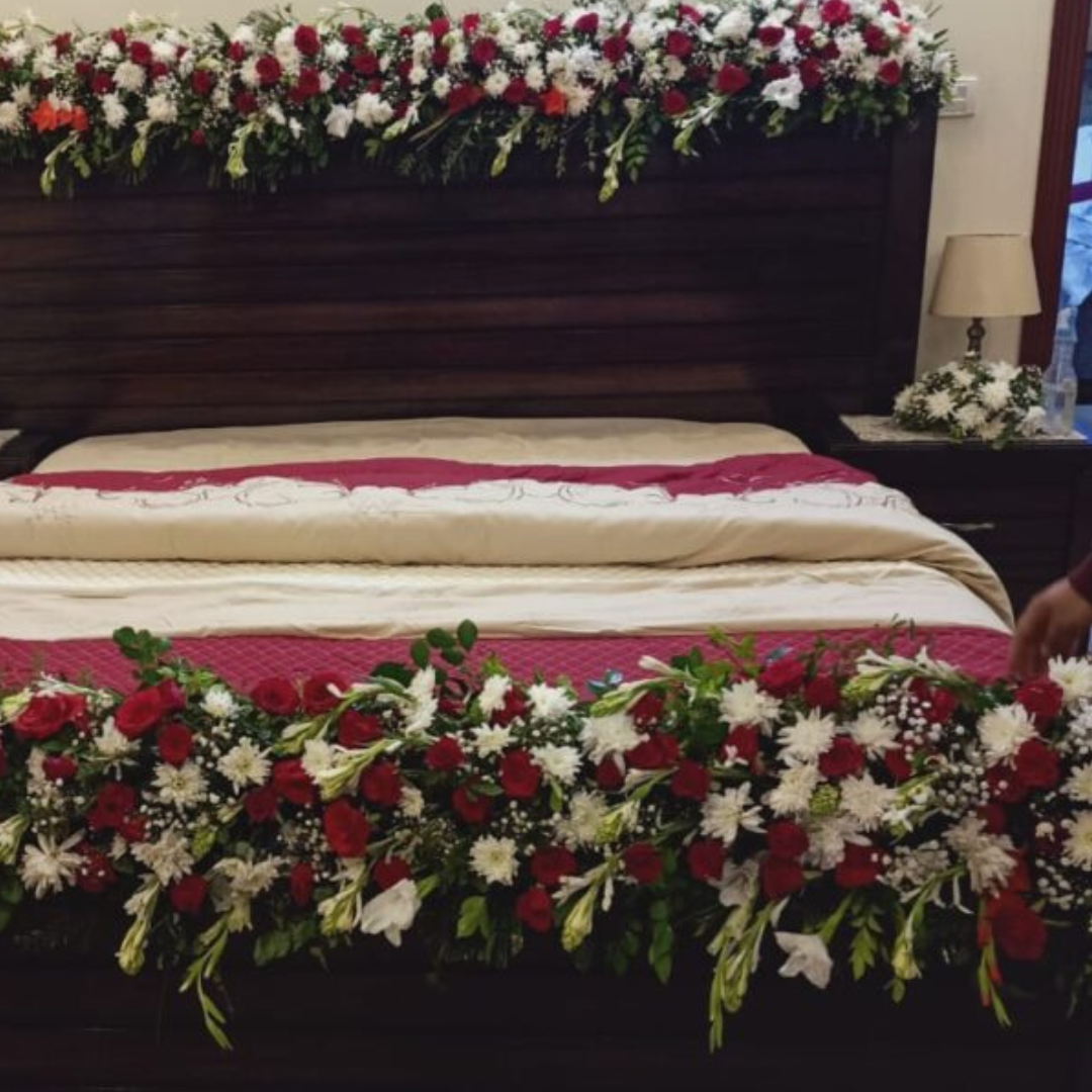 Luxury Fresh & Artificial Floral Wedding Bed Decoration (Masheri Design)