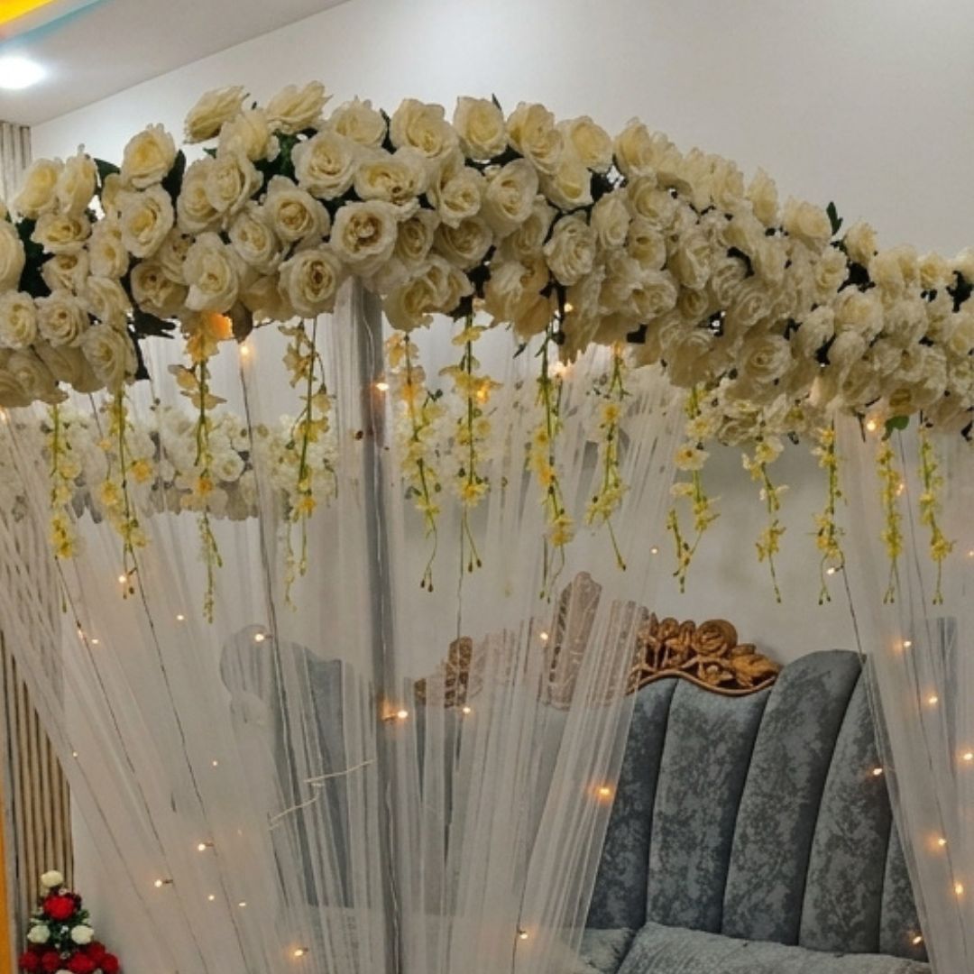 Luxury Artificial White Rose Canopy Bridal Bed Decoration (Artificial Masheri Decor)