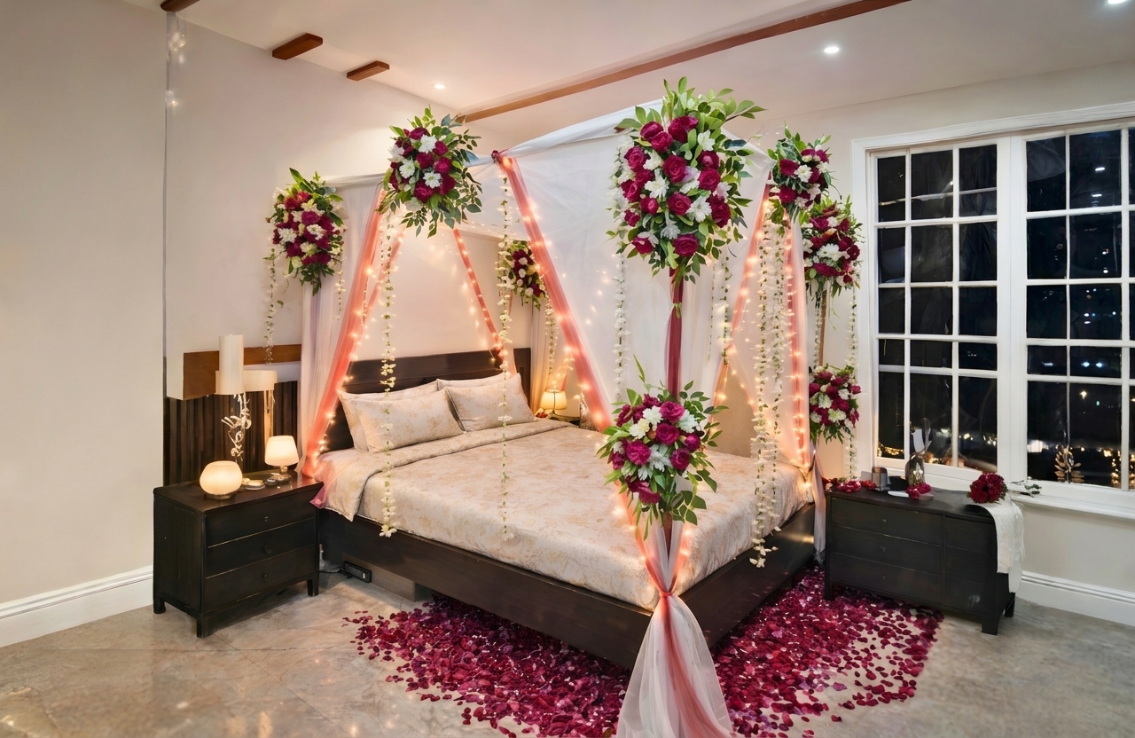 Luxury Fresh & Artificial Flower Masehri Canopy Bridal Bed Decor — Bridal Room by Aligoraya Flowers Market