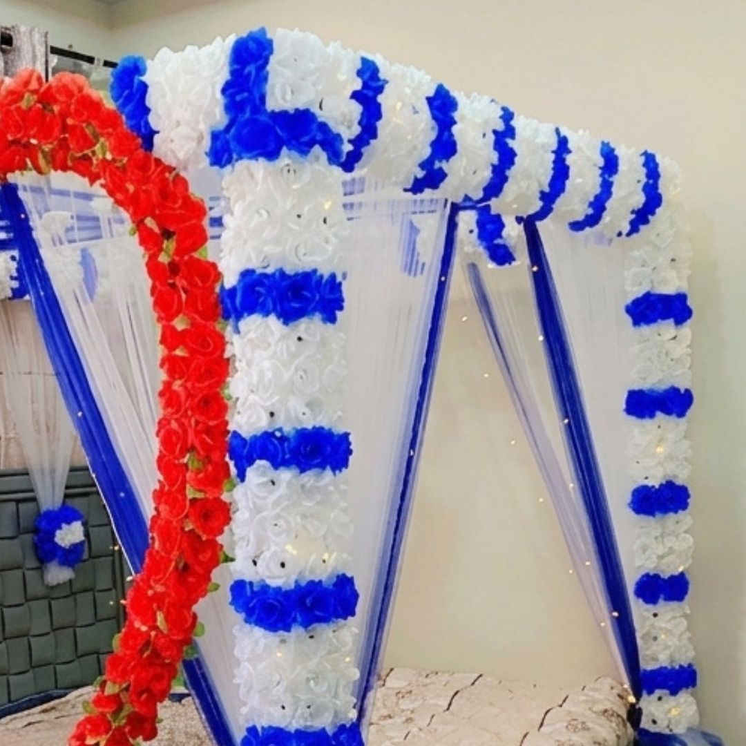 Royal Red, White & Blue Artificial Flower Canopy Masheri Bed Setup for Wedding & Bridal Room