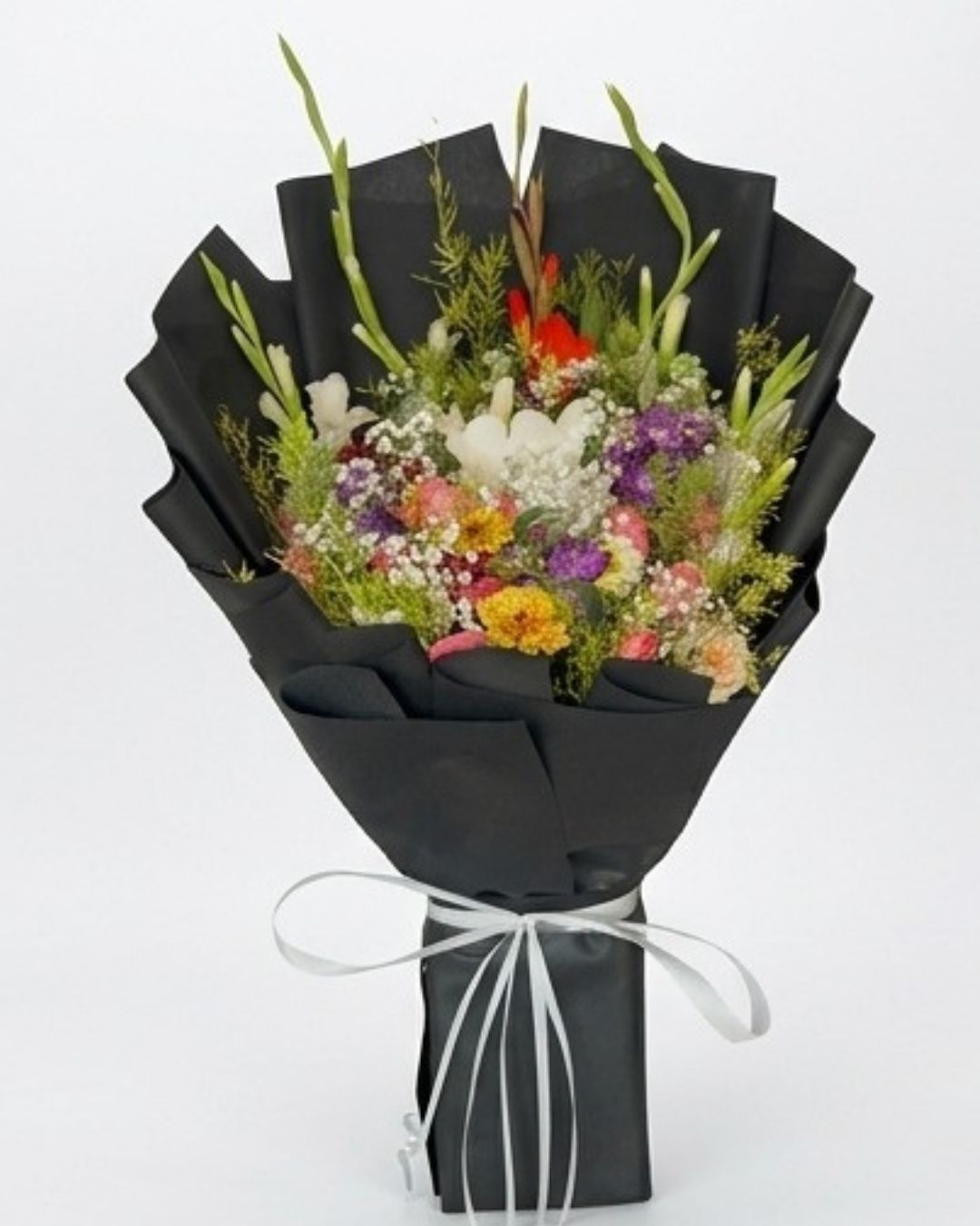 Vibrant Rainbow Mixed Bouquet in Black Wrap detail 2