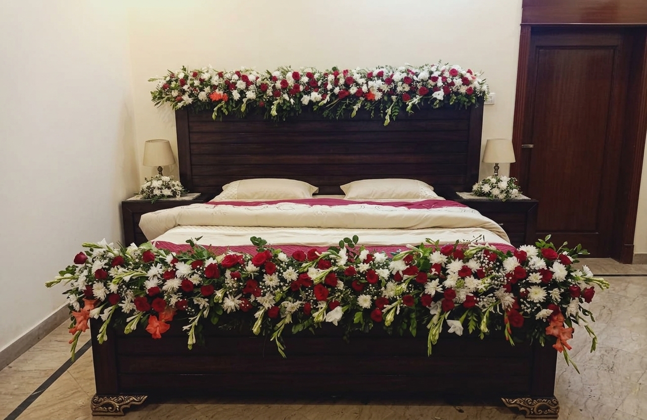Luxury Fresh & Artificial Floral Wedding Bed Decoration (Masheri Design) — Wedding by Aligoraya Flowers Market