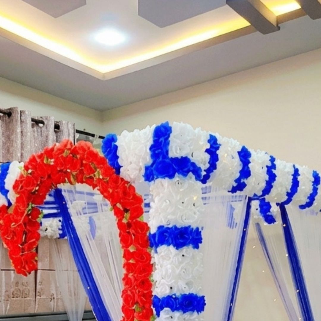 Royal Red, White & Blue Artificial Flower Canopy Masheri Bed Setup for Wedding & Bridal Room