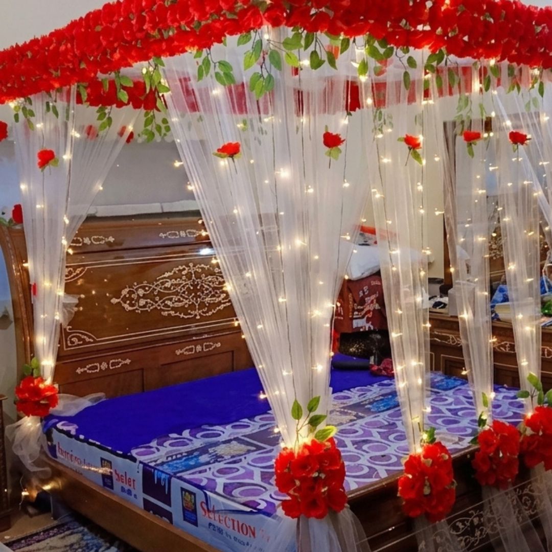 Elegant Red Rose Artificial Flower Canopy Masheri Bed Setup for Bridal Room & Wedding Decor