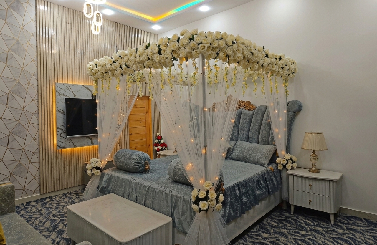 Luxury Artificial White Rose Canopy Bridal Bed Decoration (Artificial Masheri Decor) — Bridal Room by Aligoraya Flowers Market
