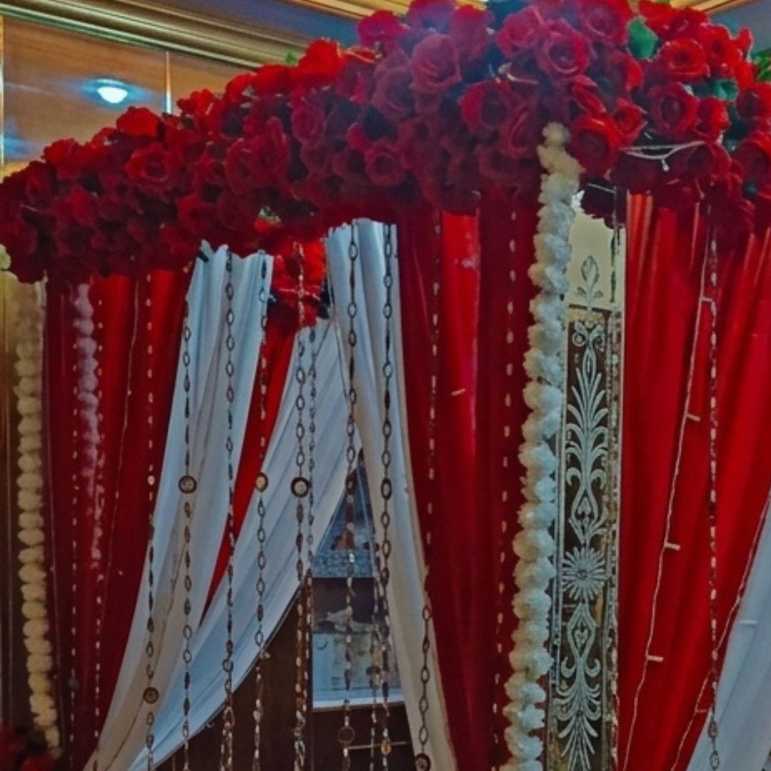 Premium Artificial Red Rose Masehri Wedding Bed Decoration with Draped Canopy