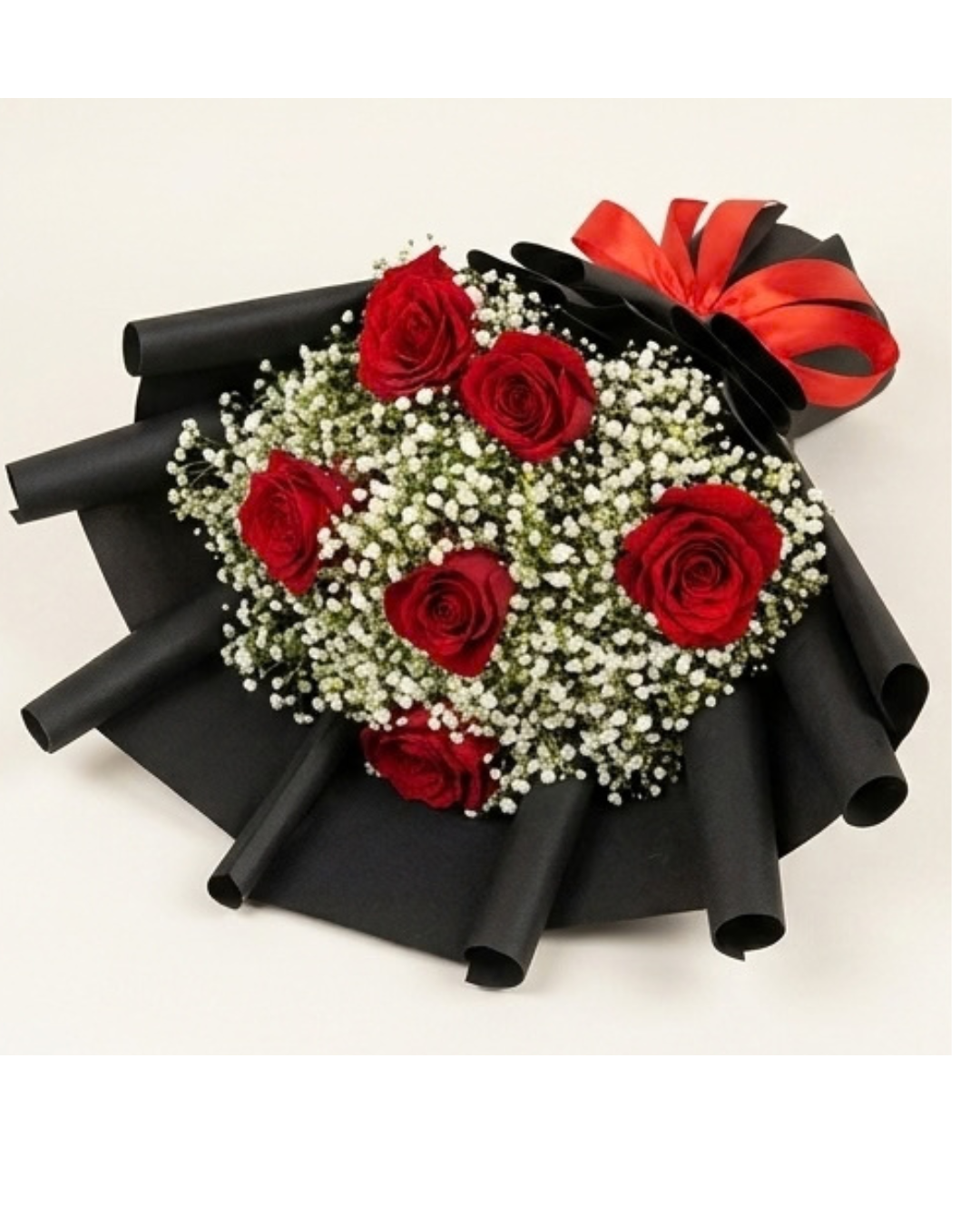 Compact Red Rose and Baby's Breath Floral Bouquet with Black Wrapping and Red Ribbon detail 3