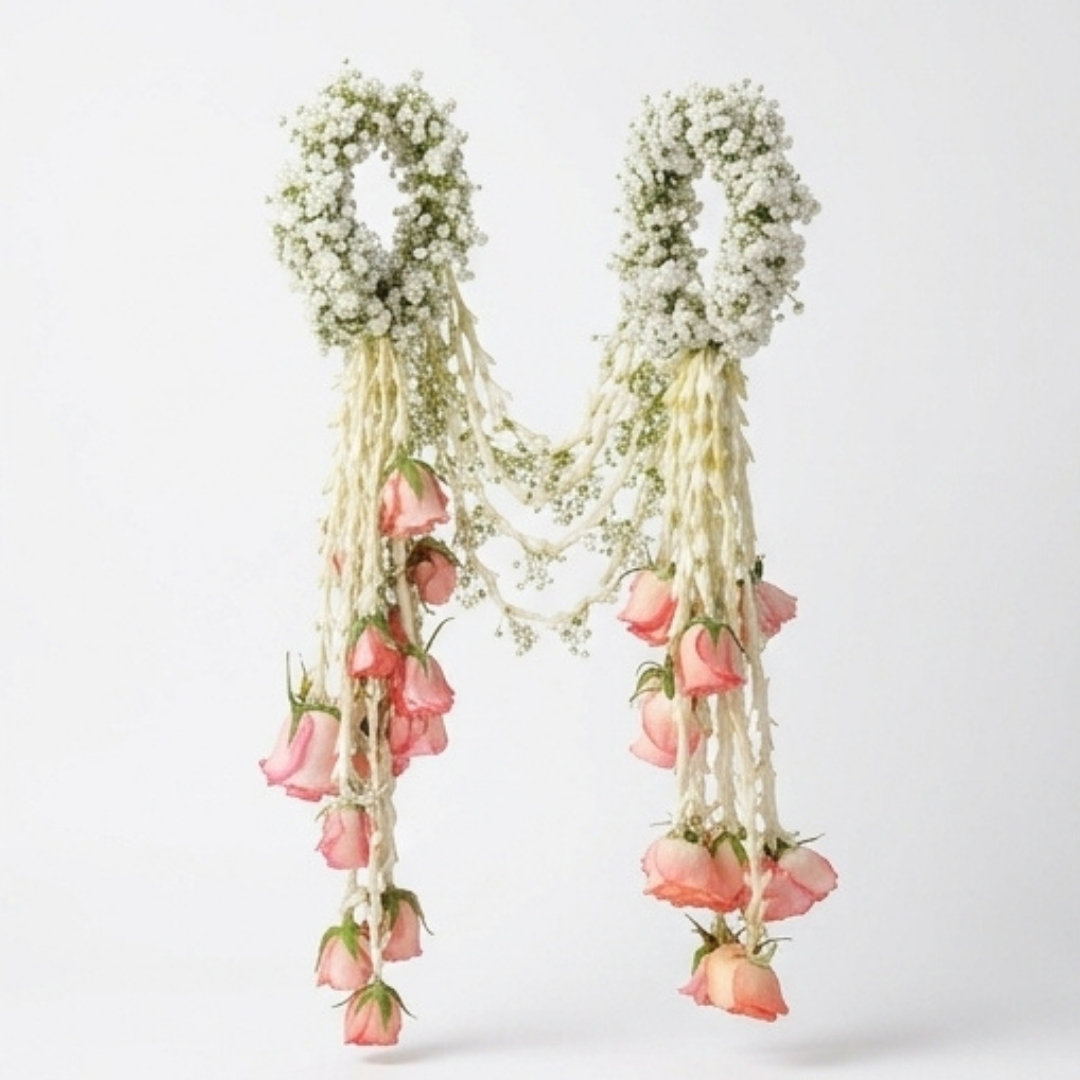 Cascading Pink Rose & Baby’s Breath Traditional Gajray detail 3