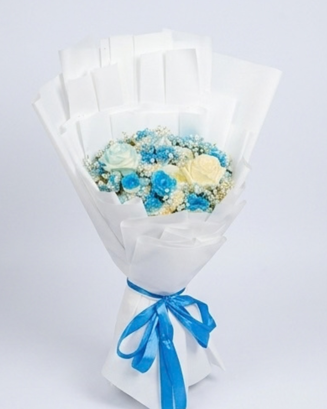 Blue and White Floral Bouquet with White Wrapping detail 2