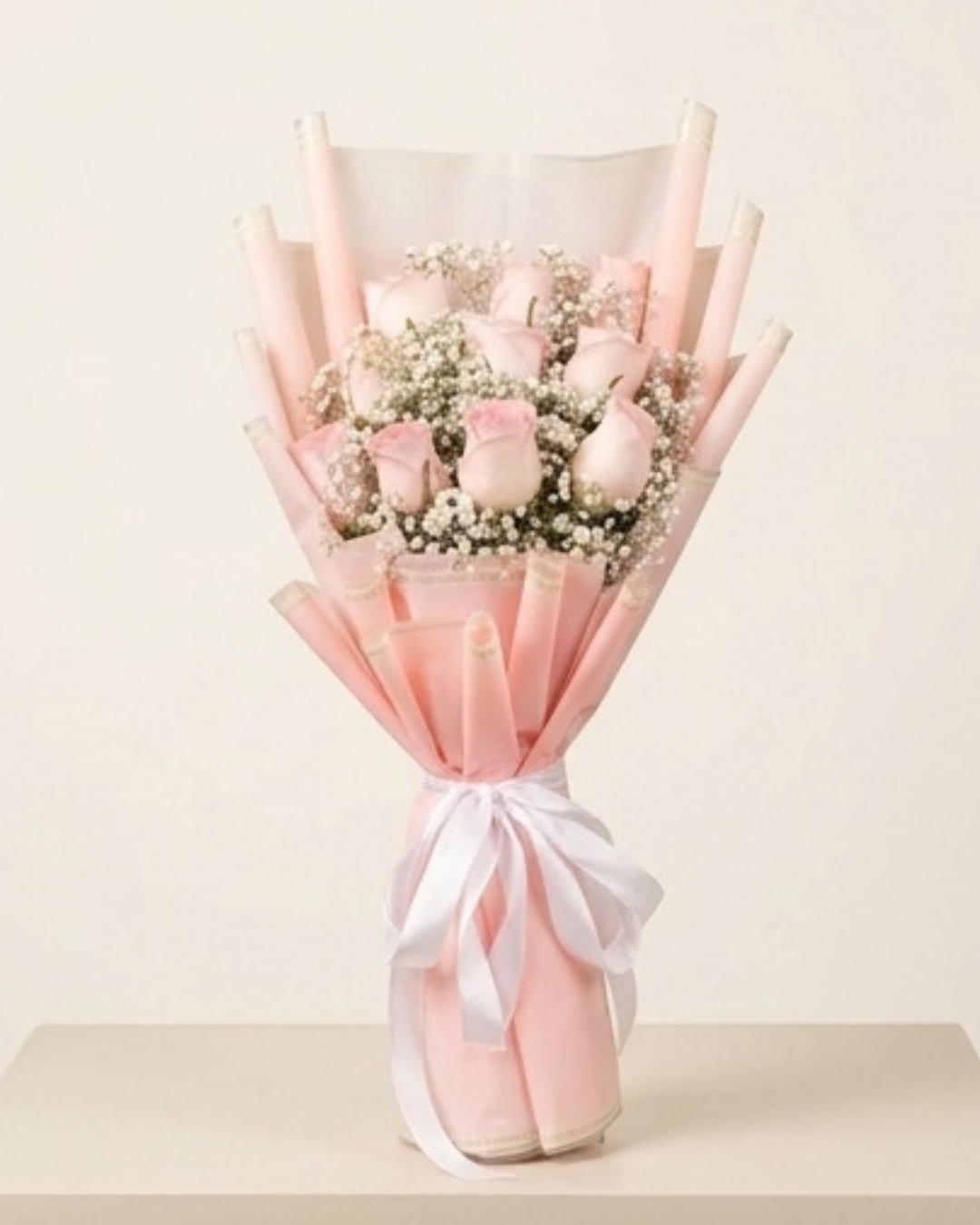 Soft Pink Rose and Baby's Breath Floral Bouquet with Pink Wrapping — Fresh Flowers by Aligoraya Flowers Market, Lahore