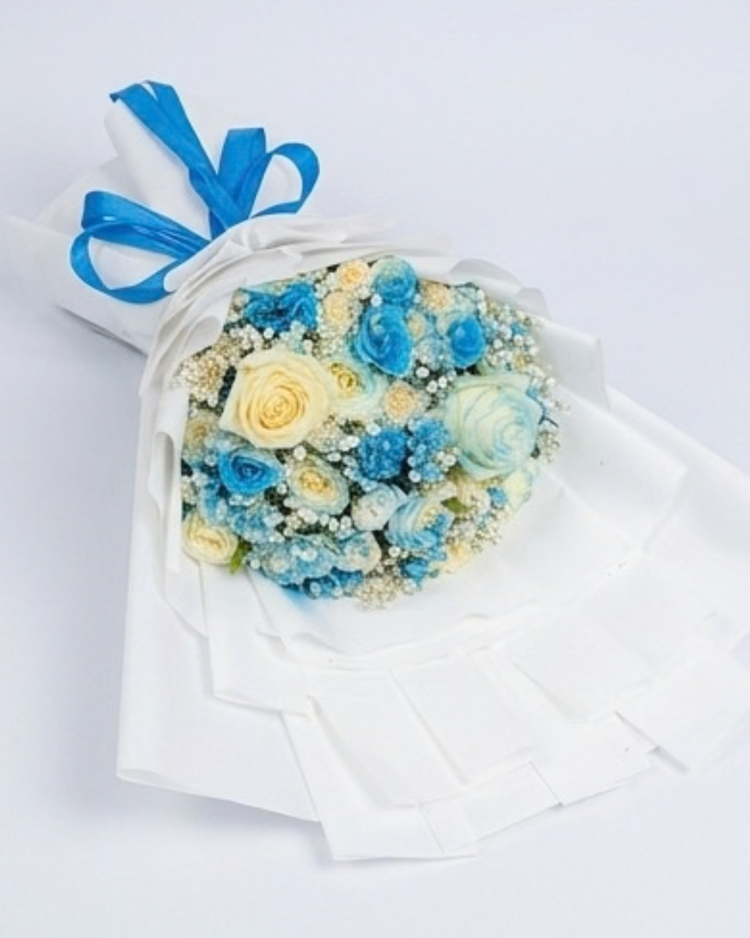 Blue and White Floral Bouquet with White Wrapping detail 4