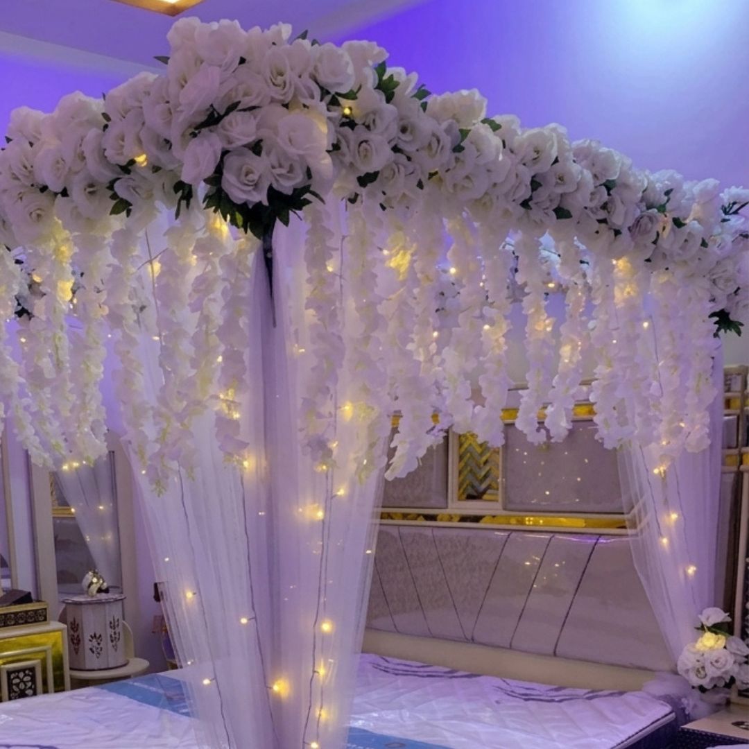 Luxury Artificial Floral Masehri & Bridal Room Setup | White Roses & Fairy Lights