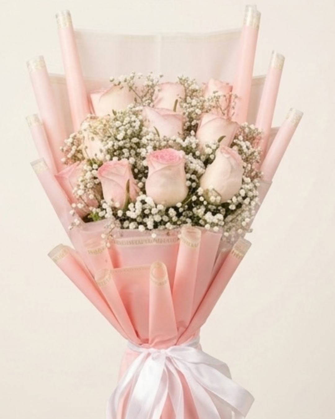 Soft Pink Rose and Baby's Breath Floral Bouquet with Pink Wrapping detail 3