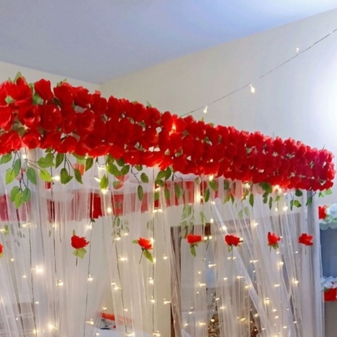 Elegant Red Rose Artificial Flower Canopy Masheri Bed Setup for Bridal Room & Wedding Decor