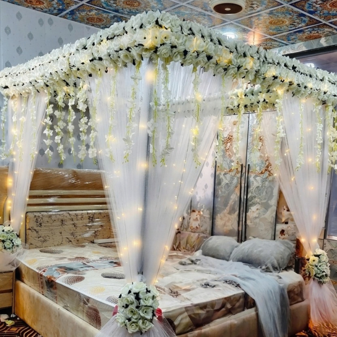 Elegant White Floral Canopy Bridal Room Decoration